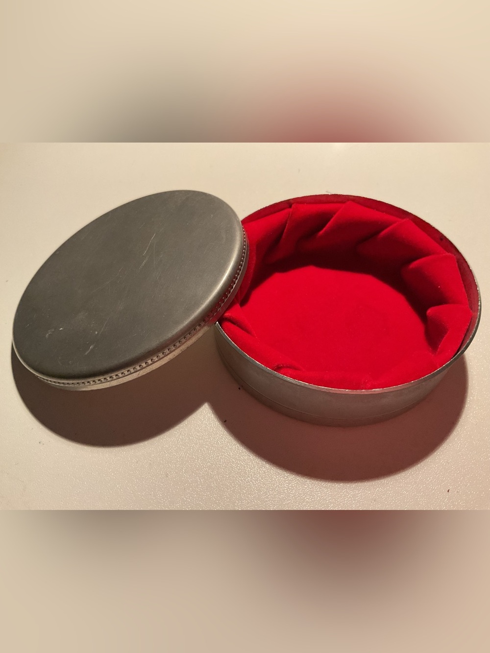 Vintage Tiffany & Co. Handcrafted Pewter Round Trinket Box w/ Red Velvet Lining